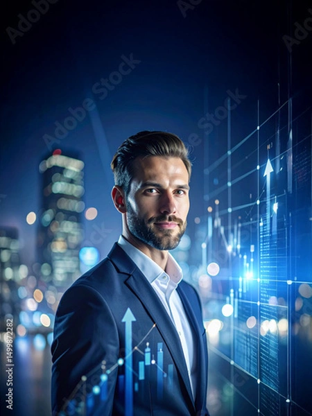 Fototapeta Realistic portrait of a confident entrepreneur overlaid with semi-transparent illustrated charts, upward arrows, and glowing data points, representing analytical success and financial vision.

