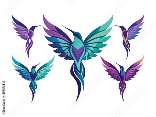 Fototapeta Collection of abstract hummingbird designs in vibrant colors
