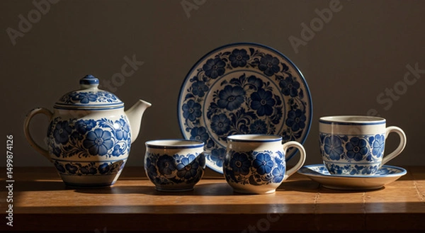 Obraz Blue ceramic tea set with floral pattern in Gzhel style, in warm sunlight
