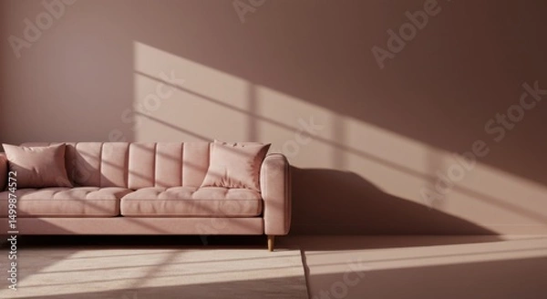 Fototapeta Elegant Dusty Rose Room with Backlit Sofa and Beige Rug