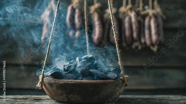 Obraz Hickory Wood Chunks Smoldering in Suspended Bowl with Hanging Sausages Being Traditionally Smoked