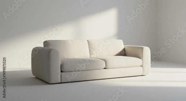Fototapeta Matte White Room with Off-White Sofa Lit by Strong Side Light
