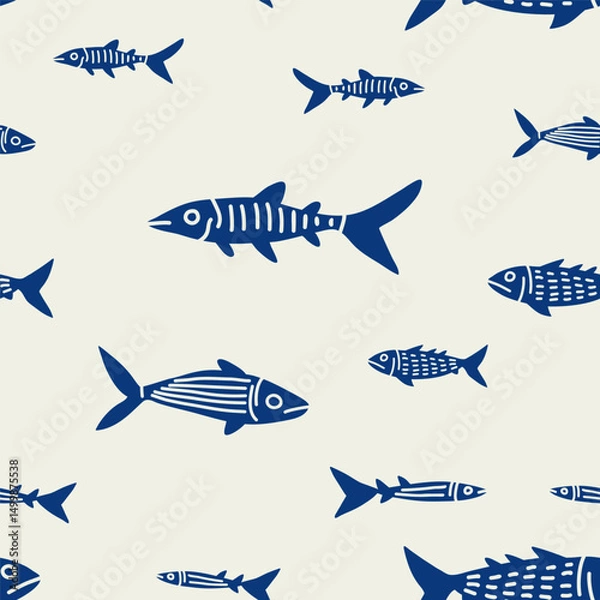 Obraz Coral fish seamless pattern with hand drawn fish types. Sea life background, ocean texture, underwater nature design.