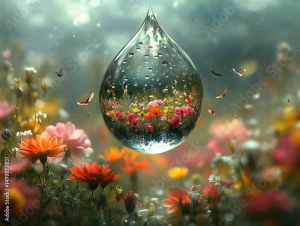 Fototapeta Goutte d’eau suspendue dans un espace lumineux