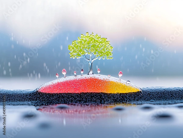 Fototapeta Île colorée miniature avec arbre dans une scène de pluie