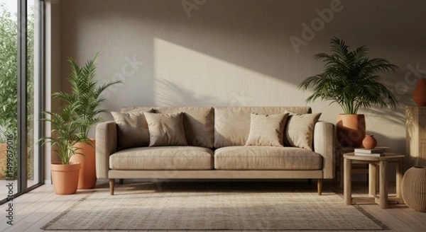 Fototapeta Taupe Lounge with Suede Sofa and Earth Tones