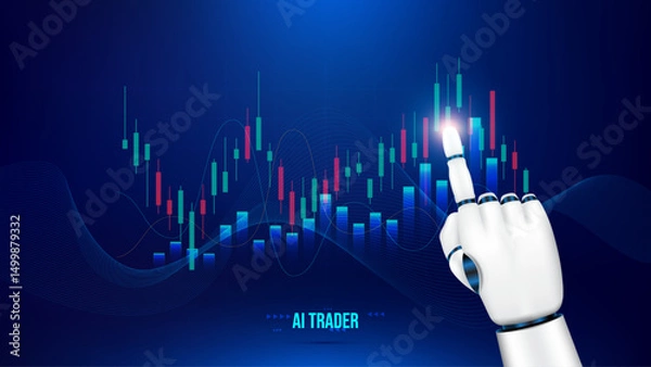 Fototapeta AI trading technology concept with robot hand pointing at candlestick chart on blue background. Advanced technology in stock market trading,financial technology and digital currencies.