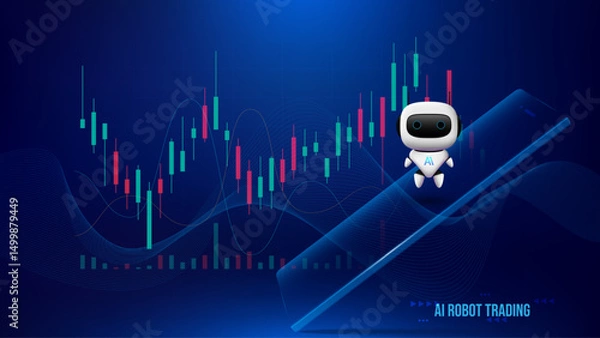 Fototapeta AI robot trading on phone screen with rising stock market graph, artificial intelligence in financial markets. Business and technology banner template design. Vector illustration.