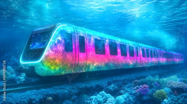 Fototapeta Train fluorescent sous l’eau dans un décor marin lumineux