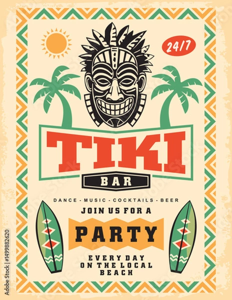 Obraz Poster invitation design for Tiki bar beach party with Tiki mask graphic, palm trees and colorful surfboards. Retro flyer template. Beach bar vector illustration.