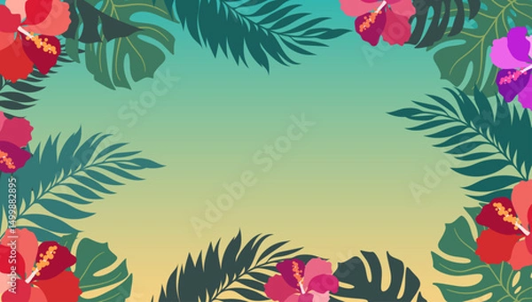 Fototapeta Summer background frame with palm leaves and flowers in vector.