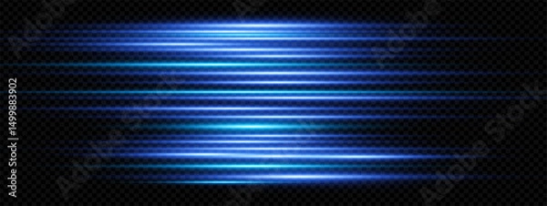 Fototapeta Futuristic blue laser beam with glowing flare and electric streaks. Fast horizontal motion effect on dark abstract background. Bright digital light burst vector for tech or fantasy design themes.