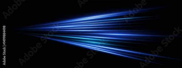 Fototapeta Blue light speed streaks with perspective dynamic motion trail on dark background. Neon laser beams and bright flares. Fast futuristic highway effect. Vector abstract glowing velocity energy design