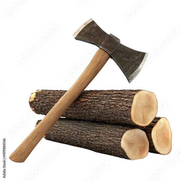 Obraz Steel Ax and Timber Trunks on transparent background