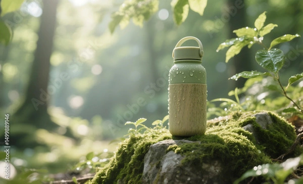 Obraz Eco-Friendly Reusable Water Bottle on Moss-Covered Rock in Sunlit Forest with Lush Green Foliage
