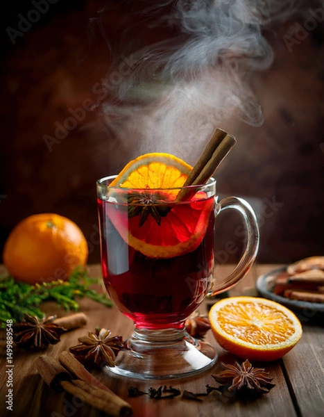 Fototapeta Generated Image of A steaming cup of mulled wine garnished with orange slices, cloves, and cinnamon sticks on a wooden table. Hyper realistic textures and lighting. Perfect focus