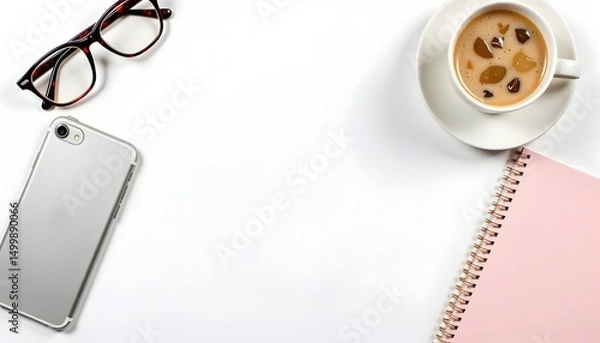 Fototapeta Flat lay of social media essentials with lifelike materials including