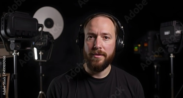 Fototapeta Wide shot of creator surrounded by lighting equipment and detailed room