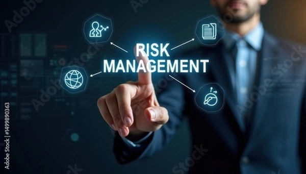 Fototapeta Businessperson interacting with a holographic display of risk management.
