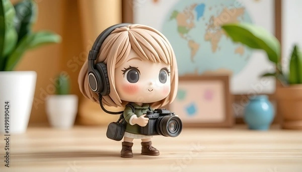 Fototapeta Chibi figure with headphones and camera gear recording a vlog