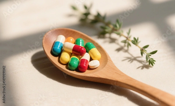 Obraz Colorful Vitamin Capsules on Wooden Spoon with Fresh Green Herbs in Soft Natural Light
