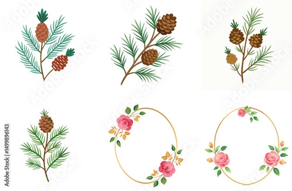 Fototapeta Autumn leaf and floral vector tree designs with decorative spring and summer plant illustrations create a beautiful nature art pattern