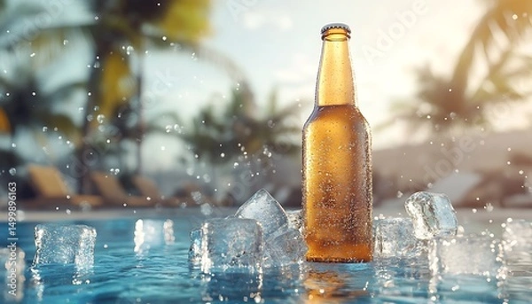 Fototapeta Bottle of beer with ice cubes and palm trees on the background