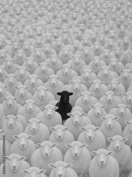 Obraz single black sheep positioned centrally within a vast, densely packed flock of white sheep. All sheep are facing forward, looking towards the viewer