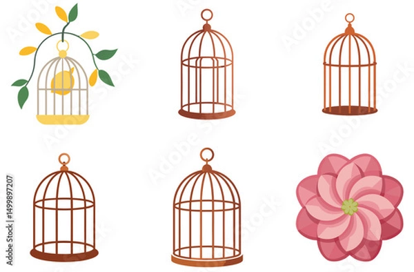 Fototapeta Vintage golden birdcages, some open and empty, others holding trapped birds, symbolize both freedom and captivity
