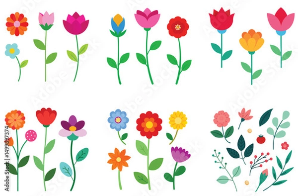 Fototapeta A colorful vector illustration of a set of spring tulips in a floral garden design