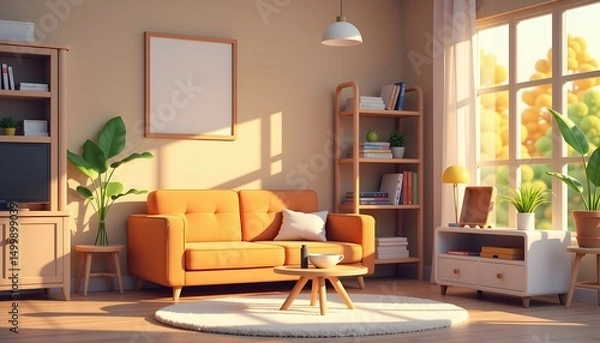 Fototapeta Cartoon mini replying to comments with smile, cozy room setup