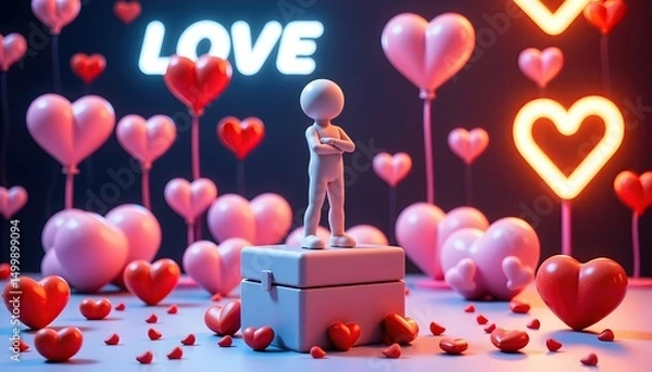 Fototapeta Mini figure standing on a giant like icon, surrounded by hearts