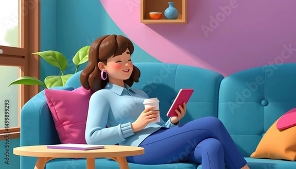 Fototapeta Character relaxing with coffee while checking notifications