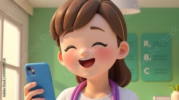 Fototapeta Close up of character's joyful expression holding a phone with rising