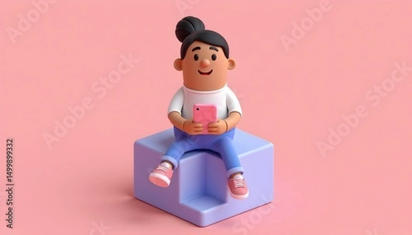 Fototapeta 3D minimal character sitting on a geometric block holding a phone