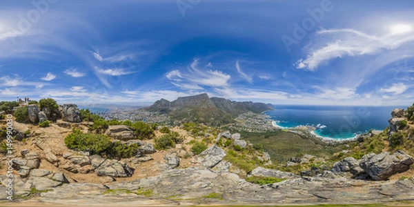Fototapeta Full 360 virtual reality panoramic of Lions Head and Table Mountain peaks in Cape Town, South Africa
