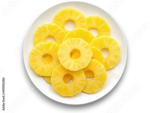 Fototapeta Slices of fresh pineapple arranged on a white plate showcasing their vibrant yellow color and texture