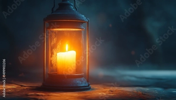 Fototapeta Lantern on a wooden table with bokeh background.