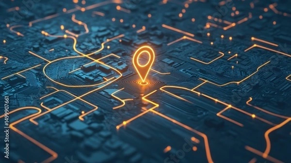 Fototapeta Digital Location Mapping: A Glowing Circuit Board with a Pinpoint Location Marker