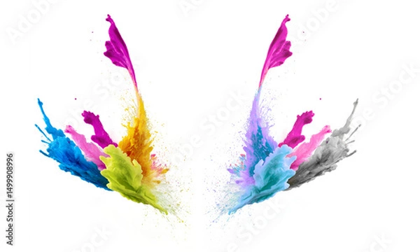 Obraz Symmetrical Butterfly Wing Shape Formed by Colorful Powder Trail Explosion – Festival Theme Transparent PNG

