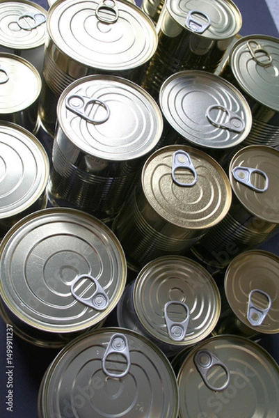 Fototapeta Viele Konservendosen in verschiedenen Größen von oben