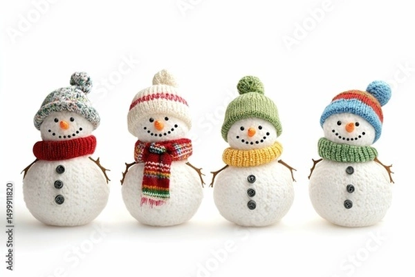 Obraz Three snowmen with scarves and hats are smiling.  , isolated on white background.