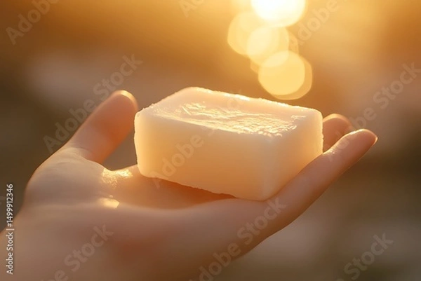 Fototapeta Female hand holding soap on the background of a wheat field at sunset