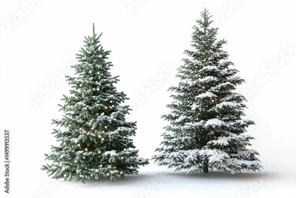 Fototapeta Four evergreen trees are lined up in a row, with one of them being lit up.  , isolated on white background.
