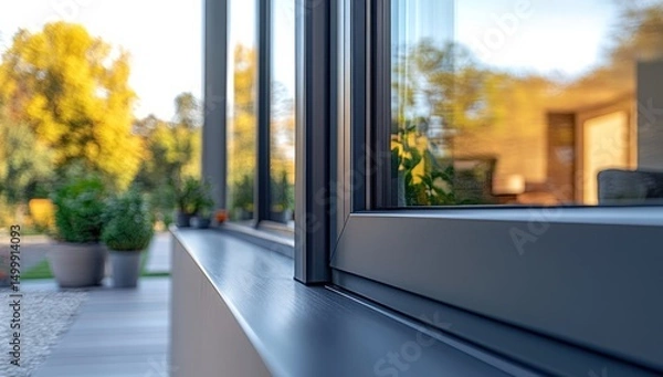 Obraz Modern gray window frames against a blurred garden backdrop