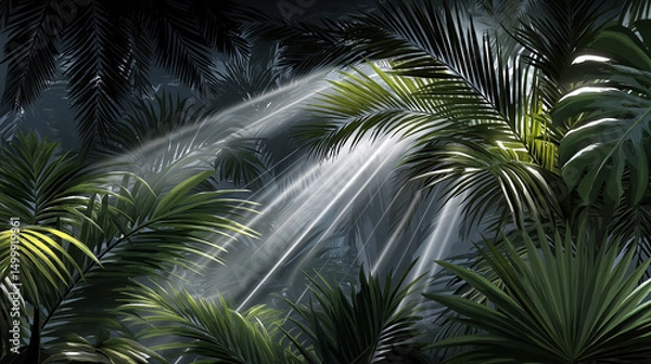Fototapeta Sunlight through the Canopy: An awe-inspiring capture of a lush rainforest interior. Sunlight streams through the dense foliage.