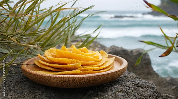 Obraz Dried Mango and Pineapple Pieces in Wooden Bowl on Coastal Rock with Ocean Waves and Green Plants