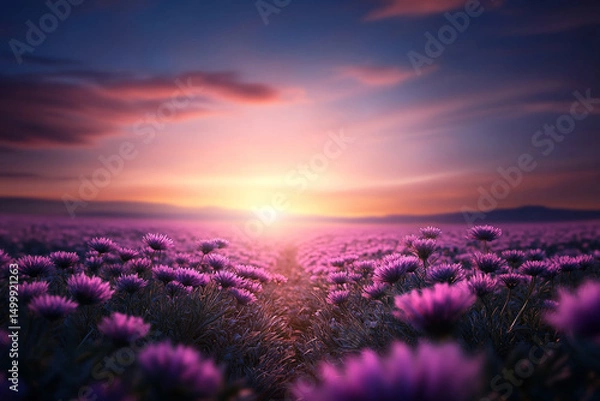 Fototapeta Glowing pathway among vibrant flowers under a twilight sky at dusk