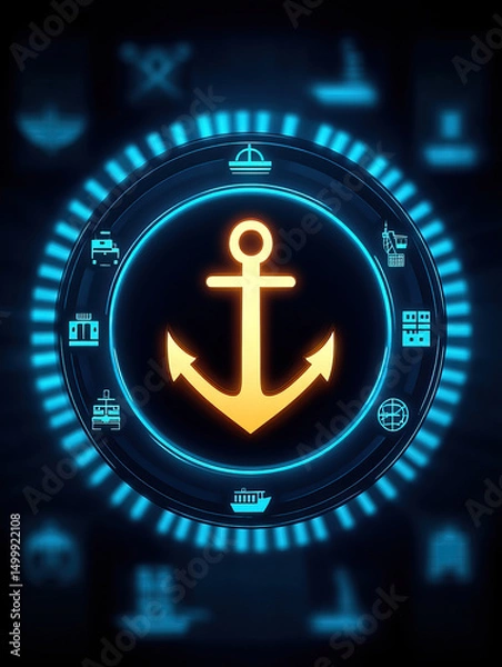 Fototapeta Stylized anchor symbol glowing on logistics terminal interface with blue digital icons and circular design