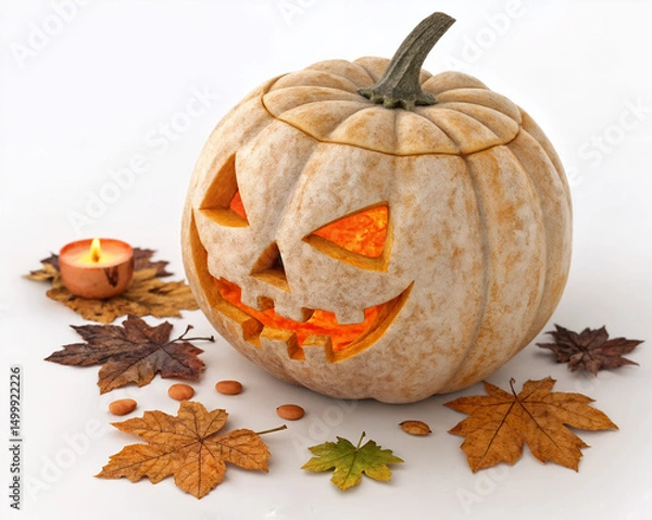 Fototapeta Carved halloween pumpkin with candle and autumn leaves isolated on white background